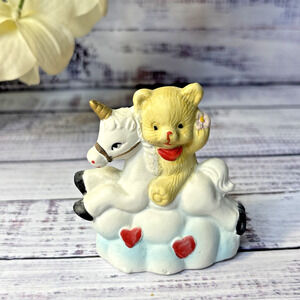 Vintage Ceramic Teddy Bear Riding Unicorn on Cloud Figurine Hearts